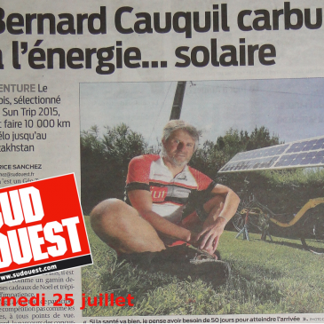 Dand le journal Sud Ouest : une pleine page sur la participation de Bernard Cauquil au SunTrip 2015